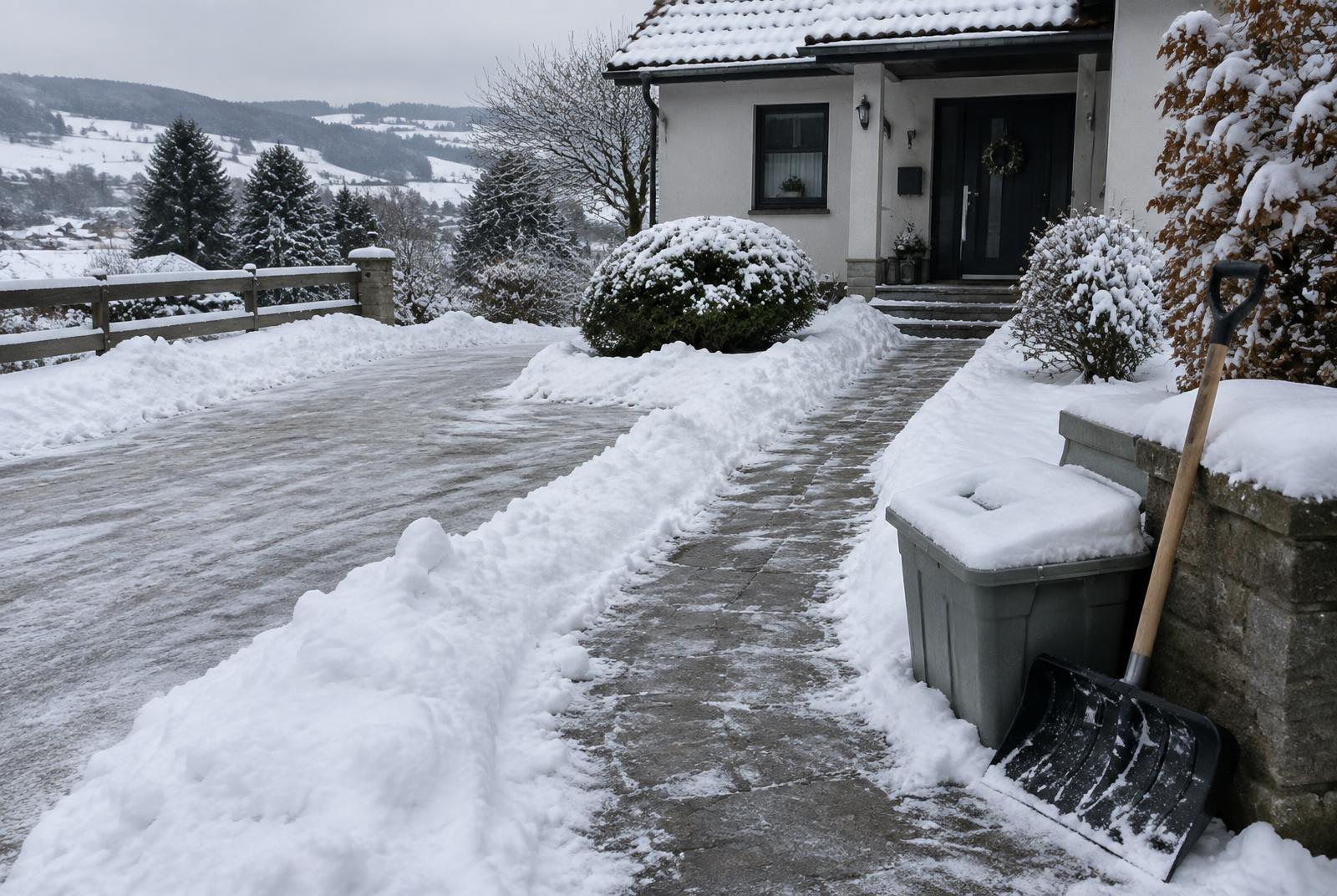 Geräumte Grundstückszufahrt und Weg zur Haustür im Schnee – Winterdienst von LeafLab Gartenpflege