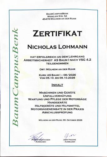 Zertifikat AS Baum I nach VSG 4.2 – Nicholas Lohmann, BaumCampusBenk, Oktober 2026