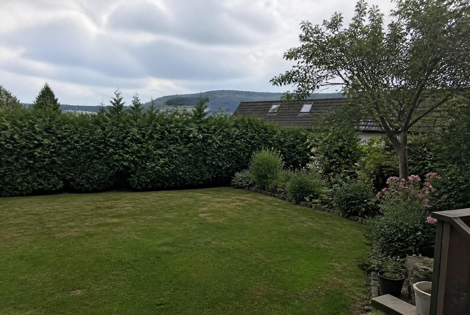 Gepflegter Garten mit sauberem Rasen und Hecken