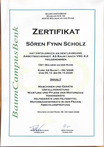 Zertifikat AS Baum I nach VSG 4.2 – Sören Fynn Scholz, BaumCampusBenk, Oktober 2026